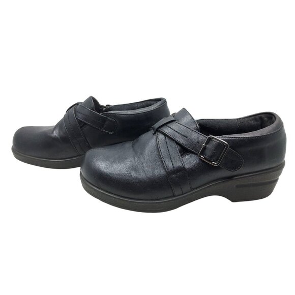 Womens Ingaro Black Leather Buckles Accents Slip Resistant Clogs - Picture 1 of 8